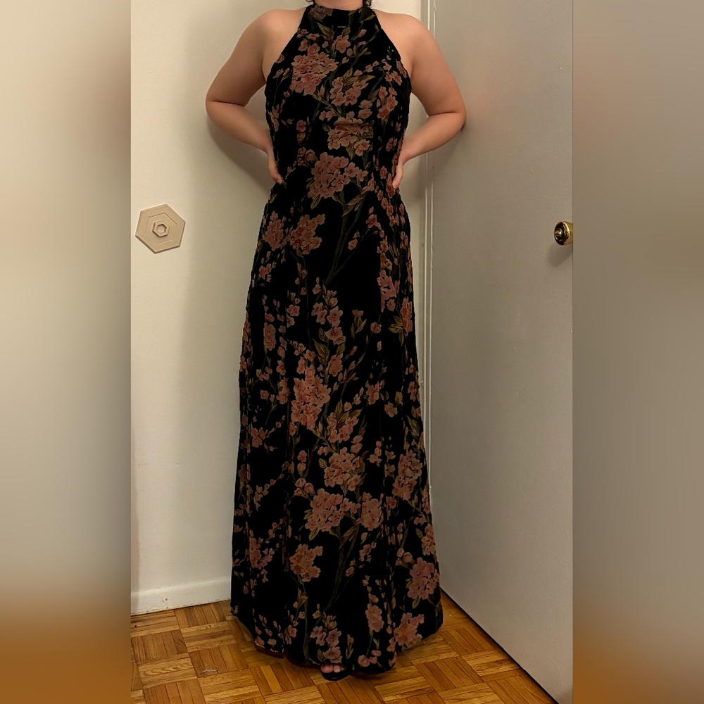 y2k/90s Whimsigoth Floral Velvety Maxi Dress | Luxxel Halter Evening Dress